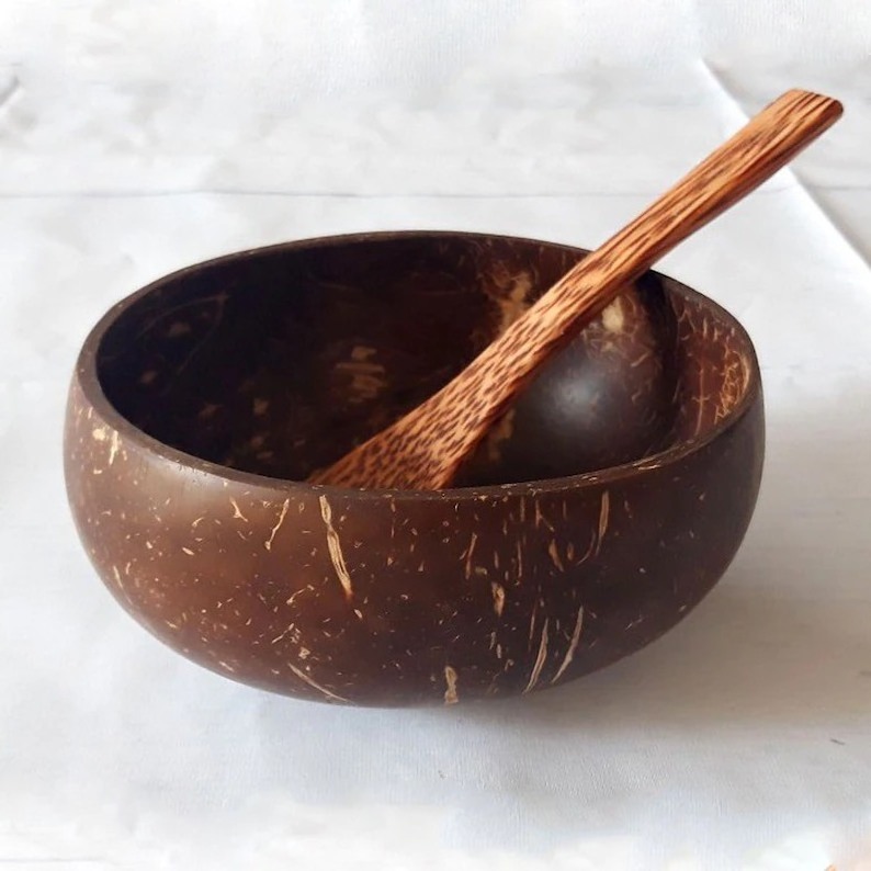 Natural Coconut Bowls and Spoon, Handmade Organic Coconut Shells for Dinnerware