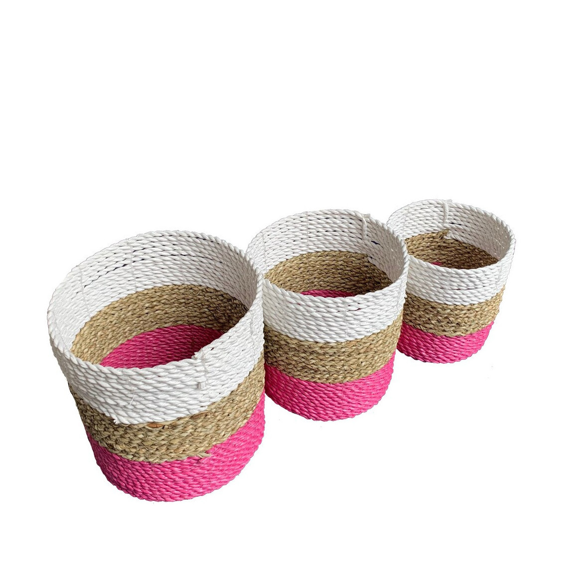 Hot sales set of 3 seagrass baskets with colorful bottom handmade from Vietnam