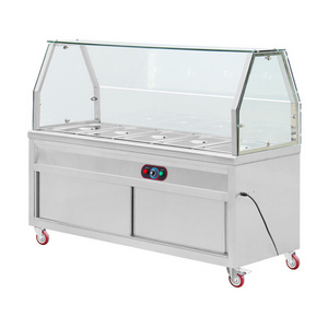 Mobile Bain Marie Table with Top Glass& Sliding Door Cabinet Electric Bain Marie 5 Pots Counter Commercial with Heating Element