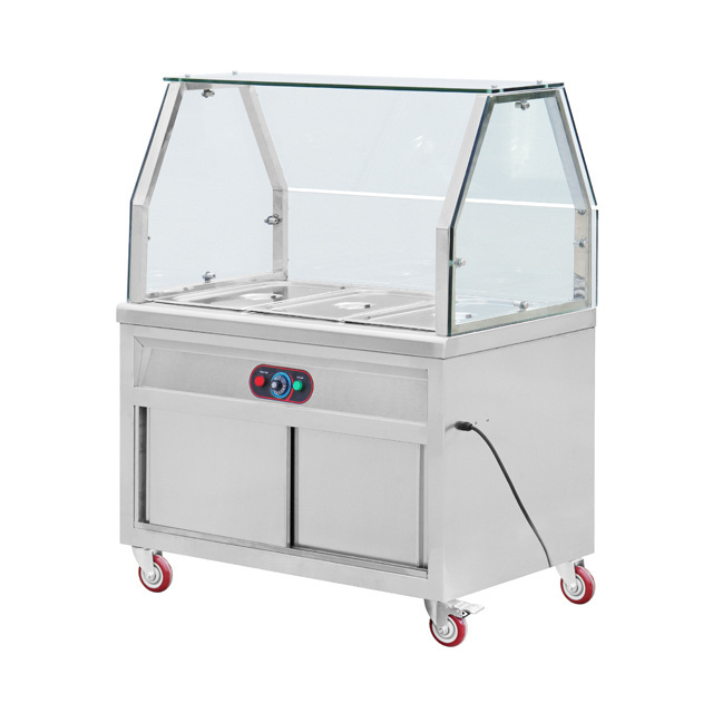 Mobile Bain Marie Table with Top Glass& Sliding Door Cabinet Electric Bain Marie 5 Pots Counter Commercial with Heating Element