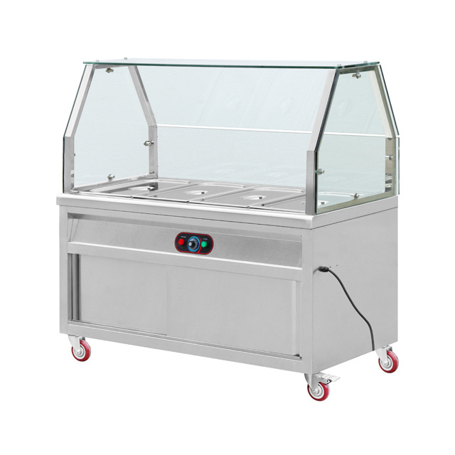 Mobile Bain Marie Table with Top Glass& Sliding Door Cabinet Electric Bain Marie 5 Pots Counter Commercial with Heating Element