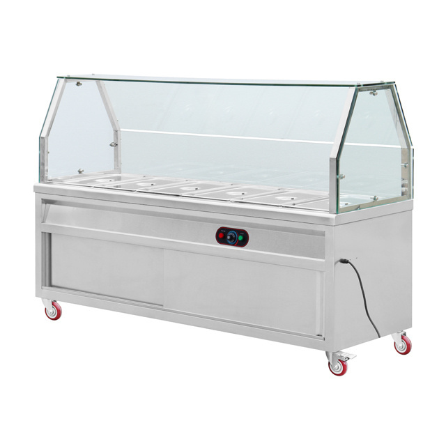 Mobile Bain Marie Table with Top Glass& Sliding Door Cabinet Electric Bain Marie 5 Pots Counter Commercial with Heating Element