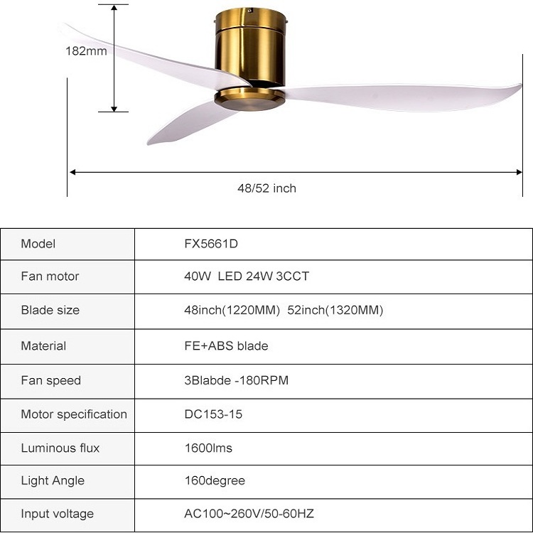 Household Decorative DC Motor Low Noise ABS 3 Blades Modern BLDC Remote Control Ceiling Fan