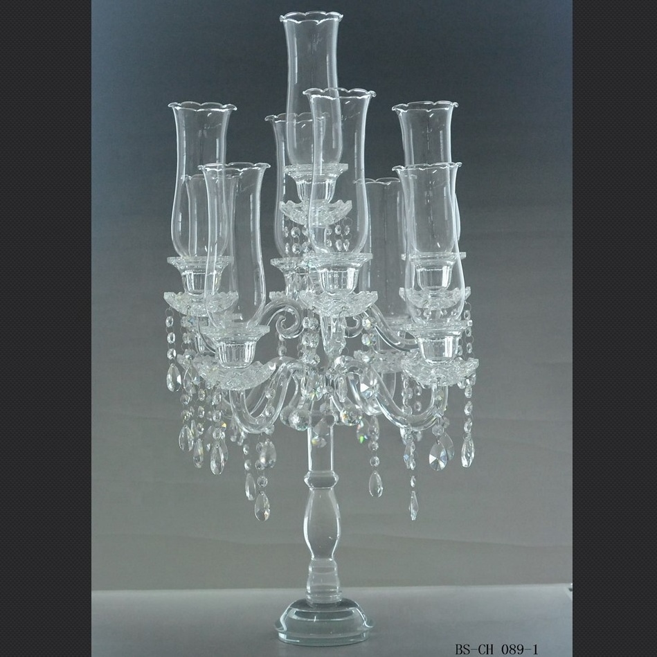 Hot sale wedding centerpiece tall round base 9 arms crystal candelabra glass tubes candle holder table top decoration