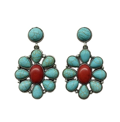 Baosheng Jewelry wholesale natural stone Vintage silver jewelry  Western women  Conch Design Turquoise Stone Earrings