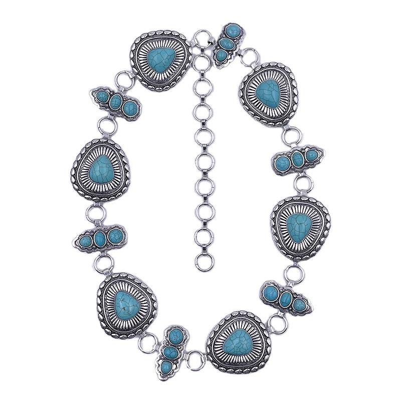 Baosheng Newest Fashion Jewelry Western Women luxury  Conch Design Turquoise Stone Vintage silver Alloy Metal Chain Belt