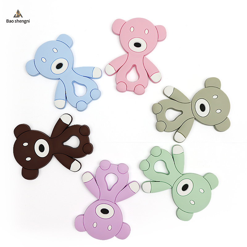 Wholesales Teether Teddy Bear Teeth BPA Free Silicone Brown Baby Animal Teethers Drop Glue Molar Stick