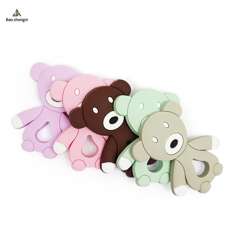 Wholesales Teether Teddy Bear Teeth BPA Free Silicone Brown Baby Animal Teethers Drop Glue Molar Stick