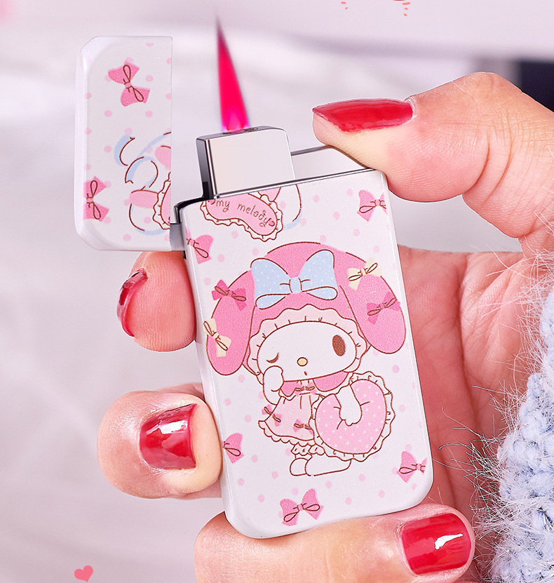 Wholesale Pink Hello Kitty kawaii kuromi Lighter Windproof Pink Flame Cute Lighter Torch For Girls