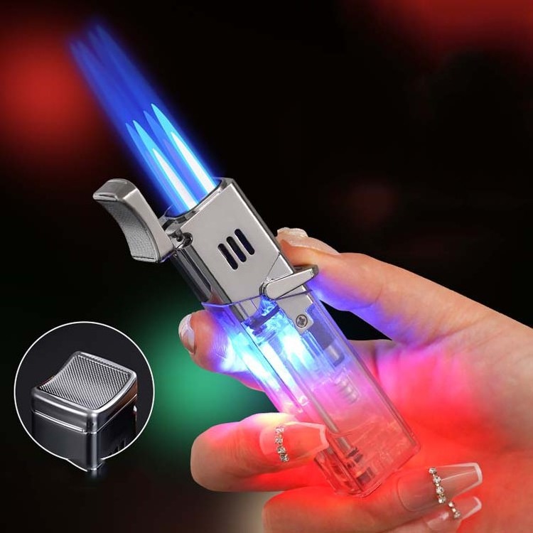 Creative four fire direct blue Flame gas lighter Super firepower portable cigar special small spray gun lighter