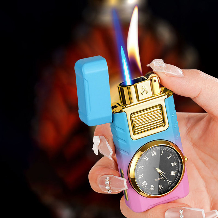 Creative clock lighter with light watch lighter inflatable double fire torch lighter laser custom logo