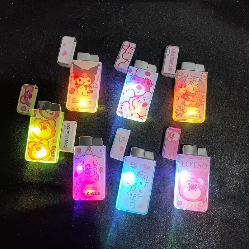 Led Kuromi Hello Kitty Melody Cartoon Lighter Red Pink Flame Windproof Inflatable Cigarette Lighter