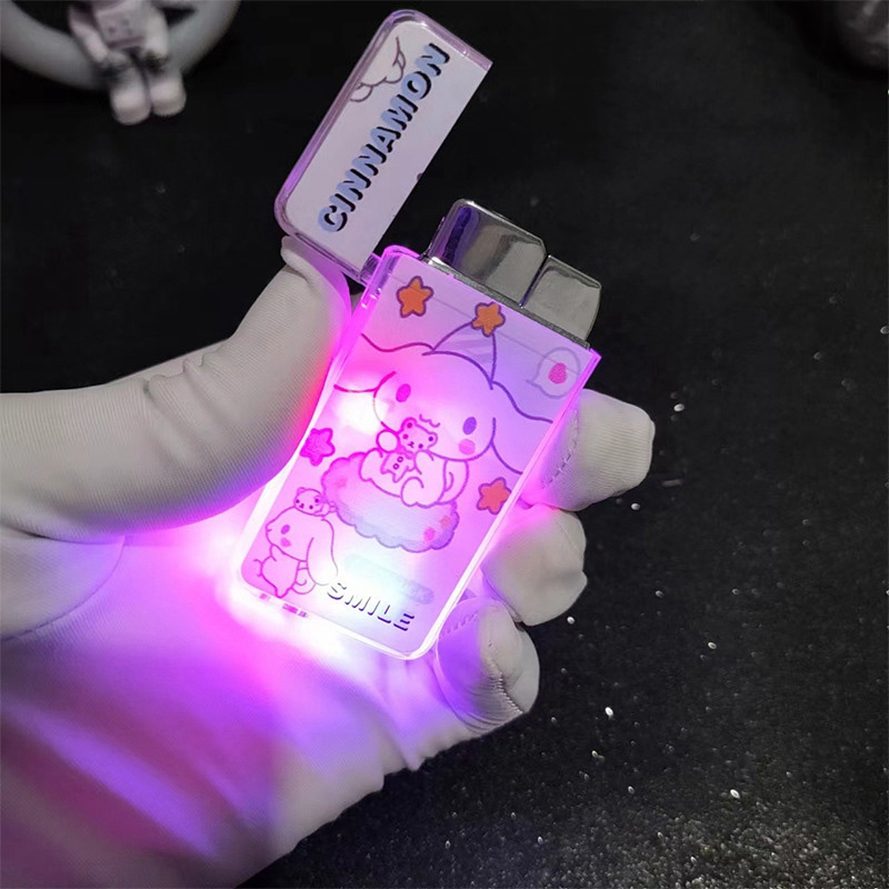 Led Kuromi Hello Kitty Melody Cartoon Lighter Red Pink Flame Windproof Inflatable Cigarette Lighter