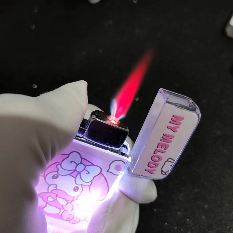 Led Kuromi Hello Kitty Melody Cartoon Lighter Red Pink Flame Windproof Inflatable Cigarette Lighter