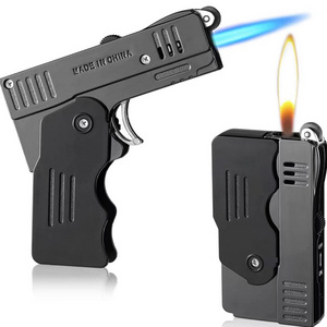 Hot sell Creative Pistol Model mini double fire blue flame gas torch lighter metal gun cigarette lighter