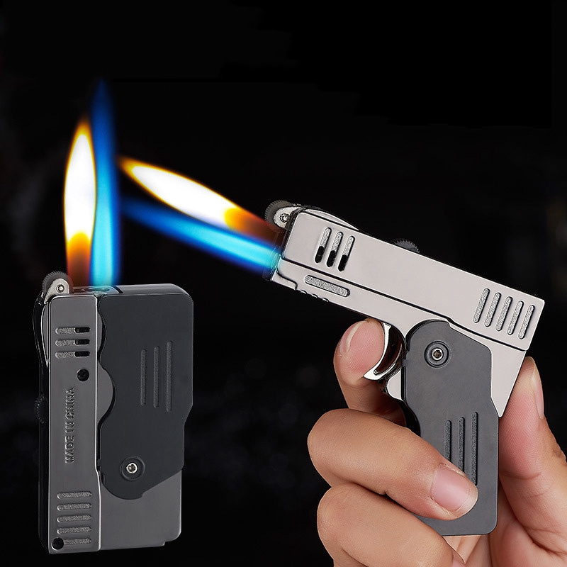 Hot sell Creative Pistol Model mini double fire blue flame gas torch lighter metal gun cigarette lighter