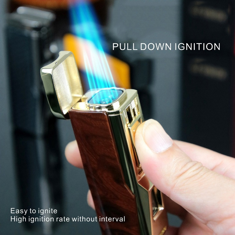 Adjustable Windproof Four Jet Flame Cigar Punch Holder Refillable Butane Cigar Pocket Lighters for Smoking Cigar Accessories