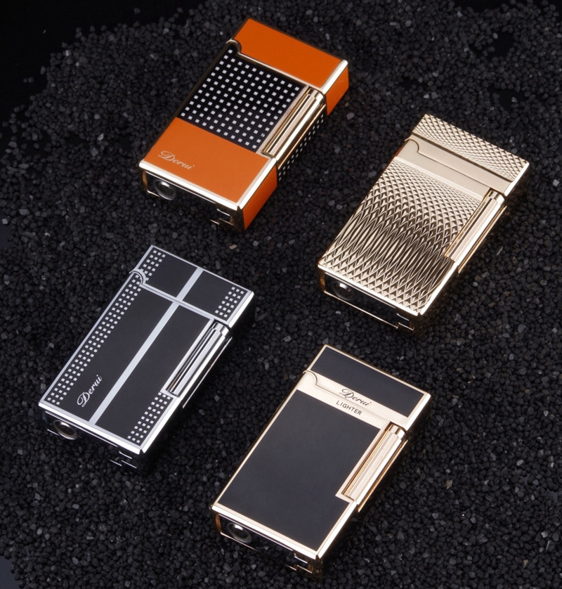 Derui High quality luxury metal side pulley windproof cigarette lighters with hidden cigar knife