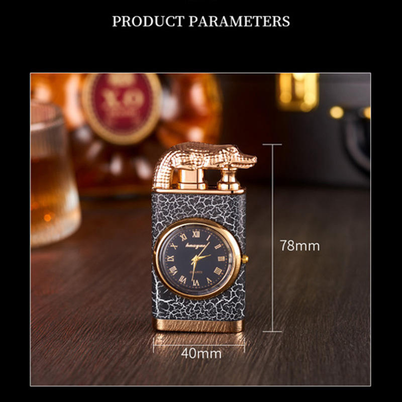 Personality Double Flame Crocodile Model Lighter with Clock Disc windproof gas lighter