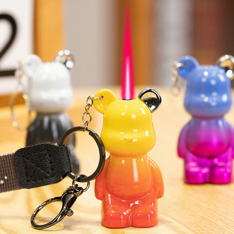 Creative Bear Lighter Butane Gas Red Flame Cartoon Cute lighter With Keychain Birthday Gift