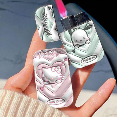 New cute creative windproof gas lighter hello kitty pink flame lighter kuromi lighter custom logo