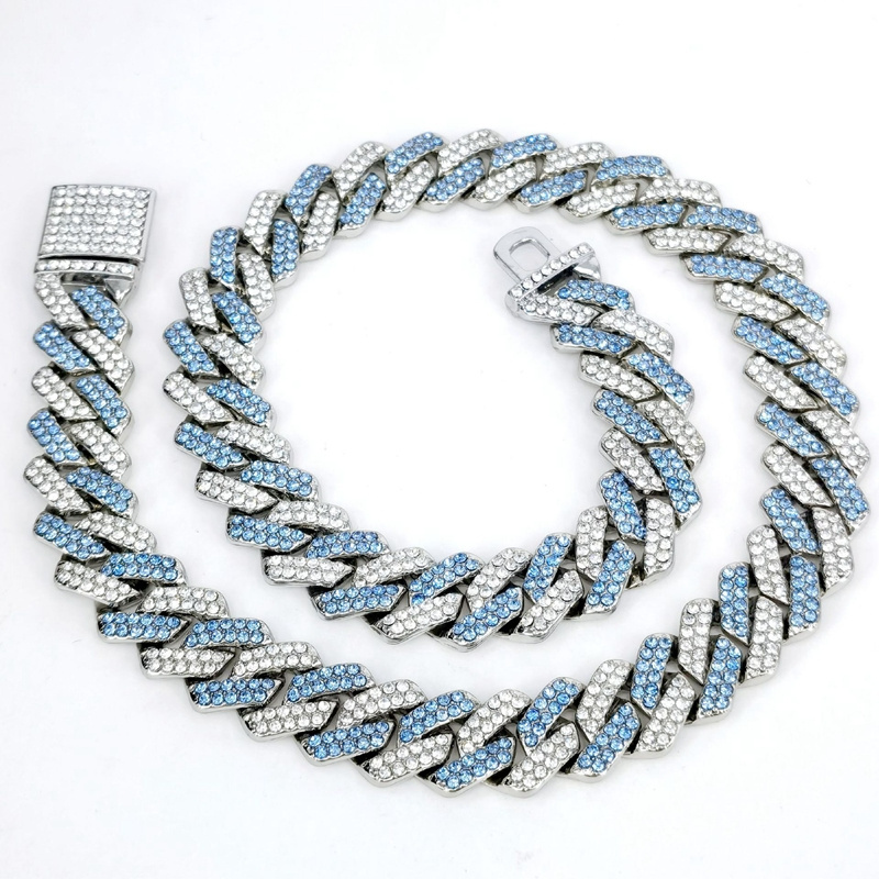 Iced Out Blue White Diamond Necklaces Bracelet 14mm Miami Cuban Link Chain For Men Icy Gold Plated Hip Hop Jewelry for Rapper