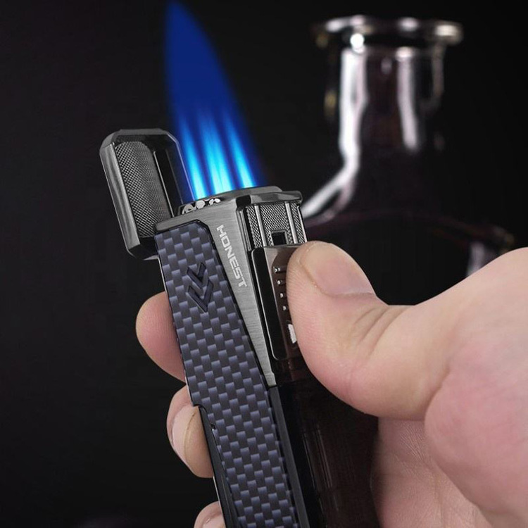 Creative Blue Flame Four Straight Flush Lighter Multi-function Cigar Holder Lighter Special Visual Gas Window Portable Lighter