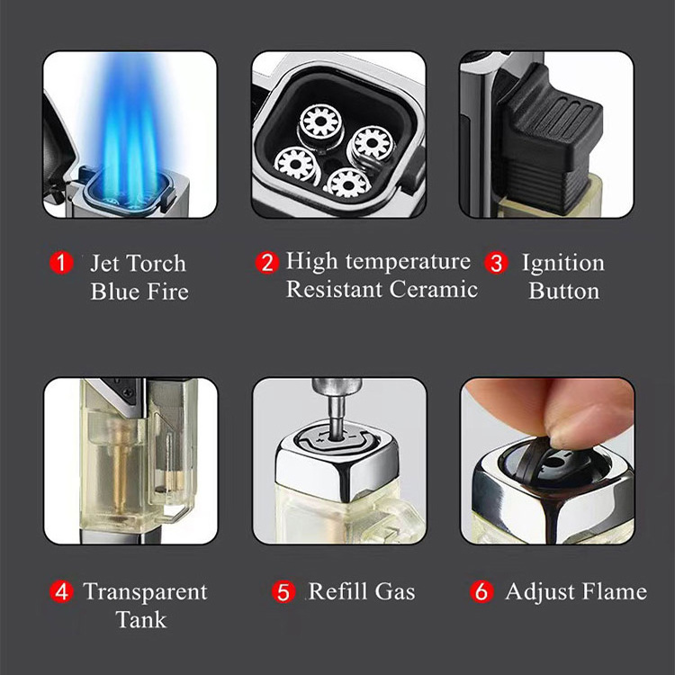 2024 Hot Sale Windproof Butane Torch Lighter Jet Torch Four Flame Refillable Gas Torch clear lighter