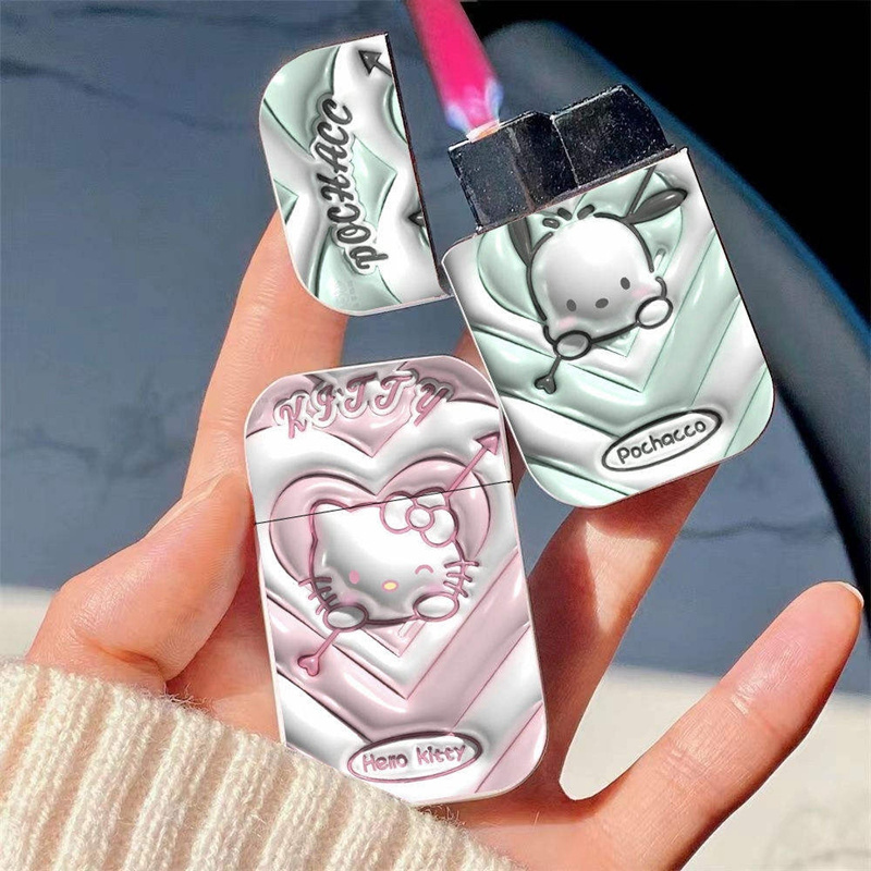 Fashion new cute creative windproof gas lighter sanrio hello kitty pochacco pink flame lighter kuromi lighter custom logo