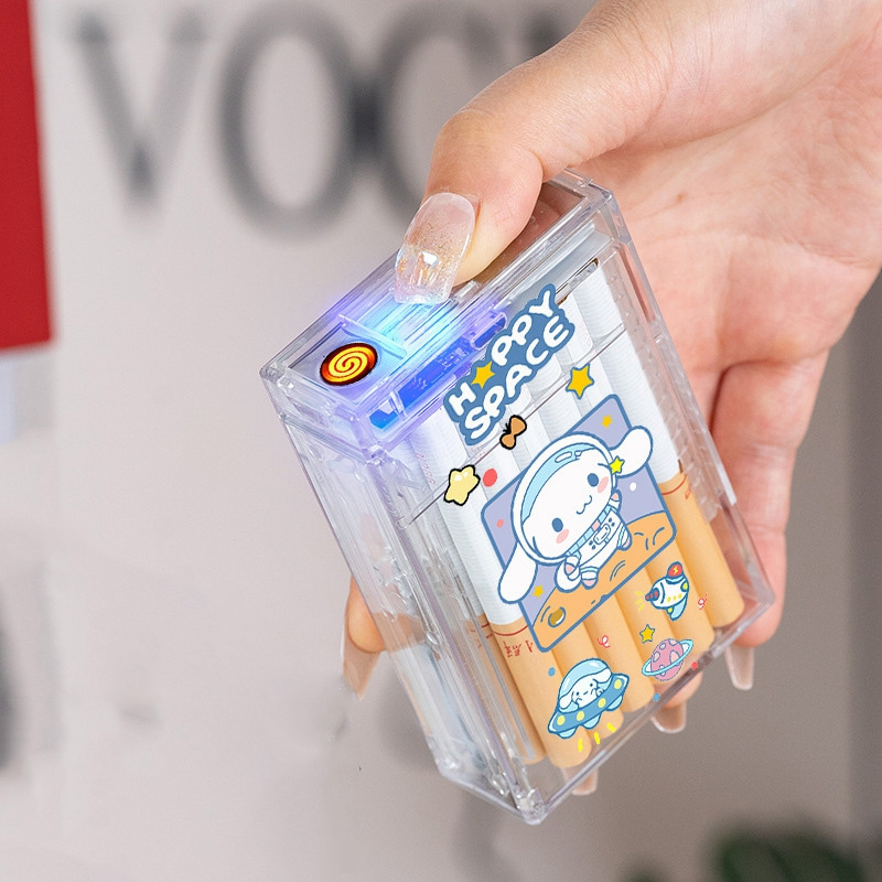 Tiktok popular same puppy transparent cigarette Protective Box Sanrio USB rechargeable lighter Plastic Acrylic Cigarette Case