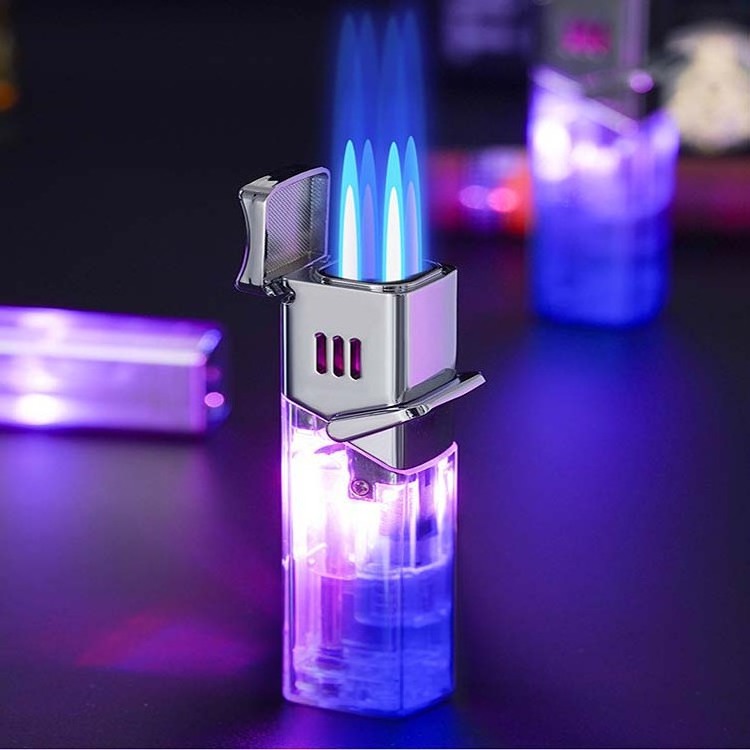 Creative four fire direct blue Flame gas lighter Super firepower portable cigar special small spray gun lighter