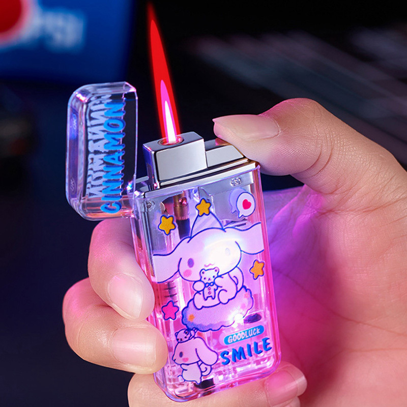 Fashion Led Kuromi Hello Kitty Melody Cartoon Lighter Red Pink Flame Windproof Inflatable Cigarette Lighter