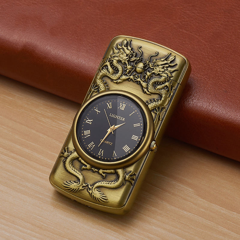 Retro Bronze Multifunction Premium Blue flame torch lighter Relief cool CLOCK lighters custom watch lighter wholesale