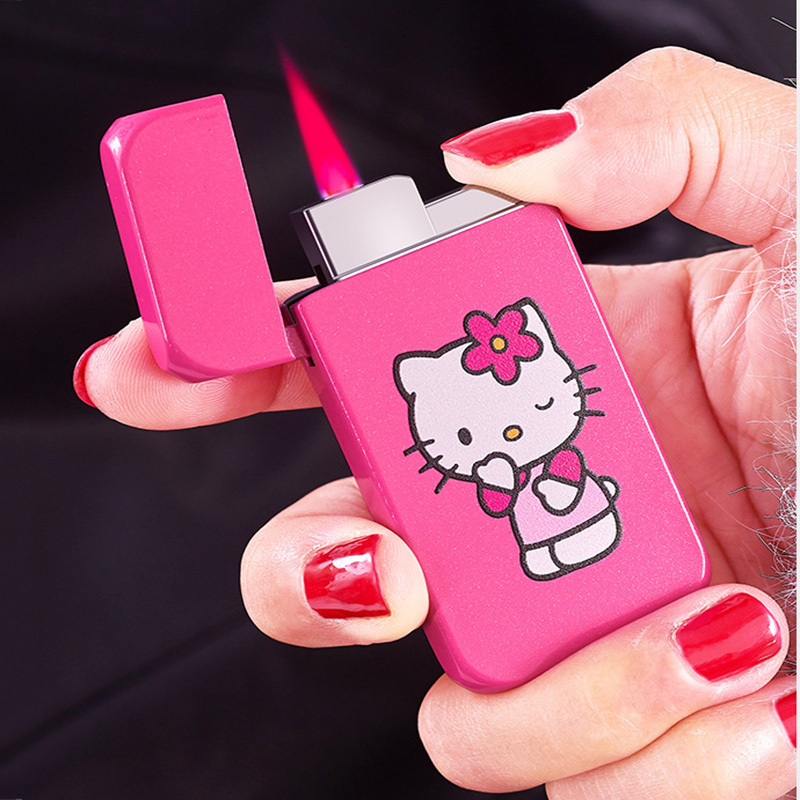 Wholesale Pink Hello Kitty kawaii kuromi Lighter Windproof Pink Flame Cute Lighter Torch For Girls