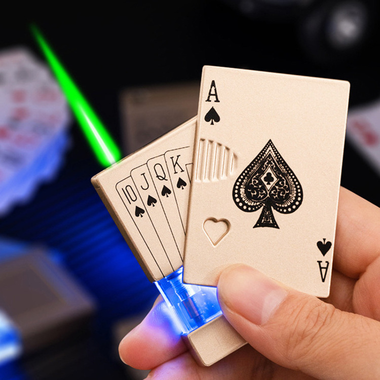 Creative Refillable Gas Butane Led Green Flame Black Ace Poker Playing Card Torch Lighters