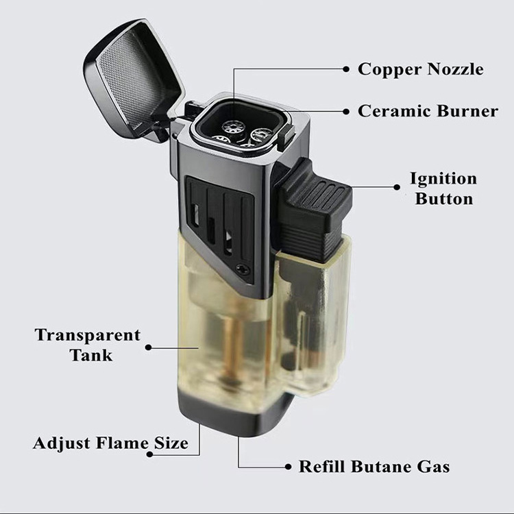 2024 Hot Sale Windproof Butane Torch Lighter Jet Torch Four Flame Refillable Gas Torch clear lighter