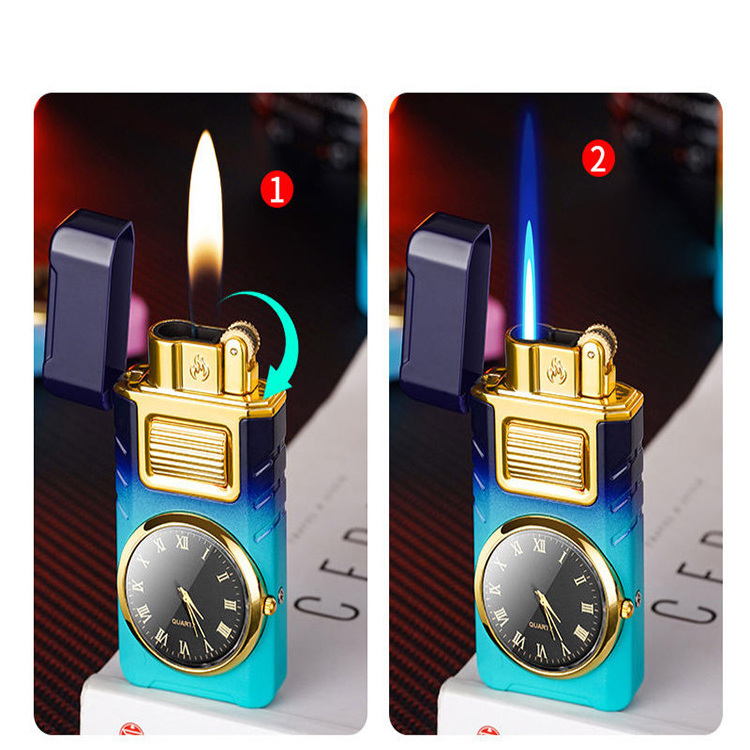 Creative clock lighter with light watch lighter inflatable double fire torch lighter laser custom logo