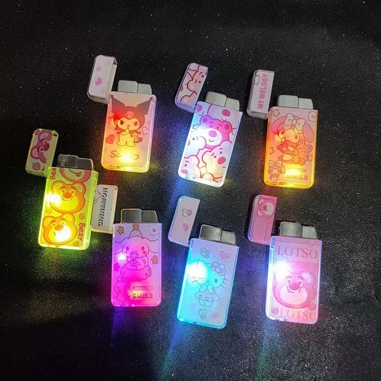 Hot sale fancy design hello kitty shine lighter flash Kuromi lighters transparent cute lighter