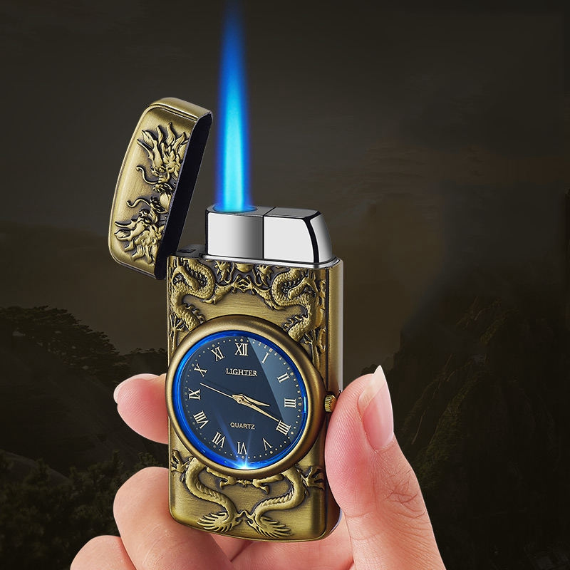 Retro Bronze Multifunction Premium Blue flame torch lighter Relief cool CLOCK lighters custom watch lighter wholesale