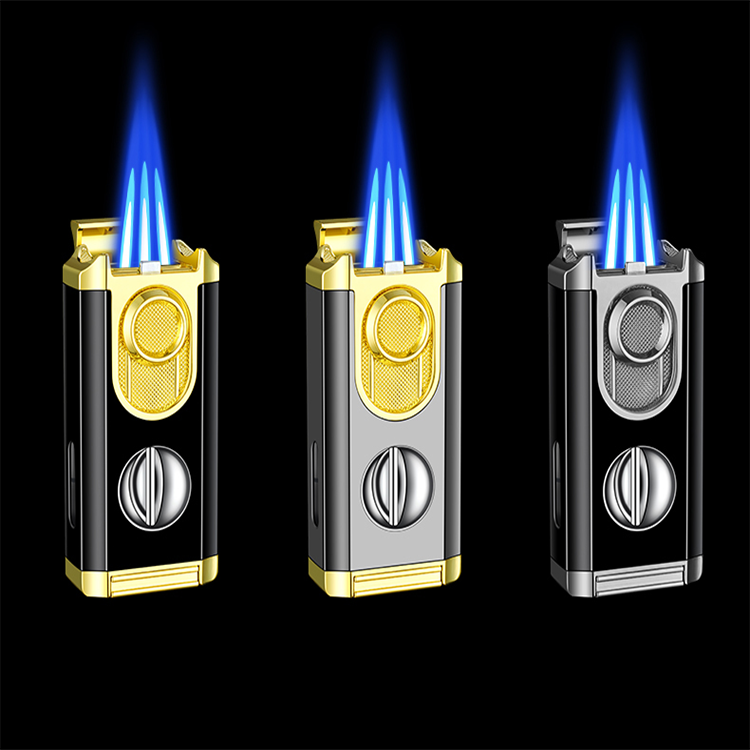 New Luxury Metal Silver Cigar Lighter And Punch Cutter Gift Set Custom Logo Butane Zinc Alloy Cigar Lighter