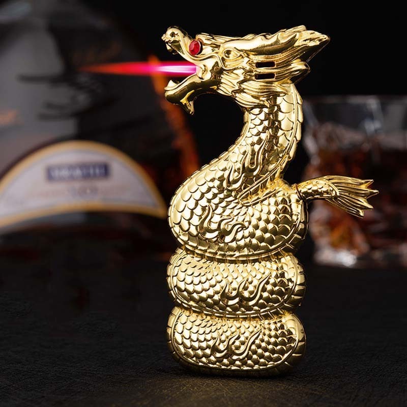 New Year of Dragon A Coiled Dragon Gas Lighter Red Flame Windproof Creative Cigarette Lighter