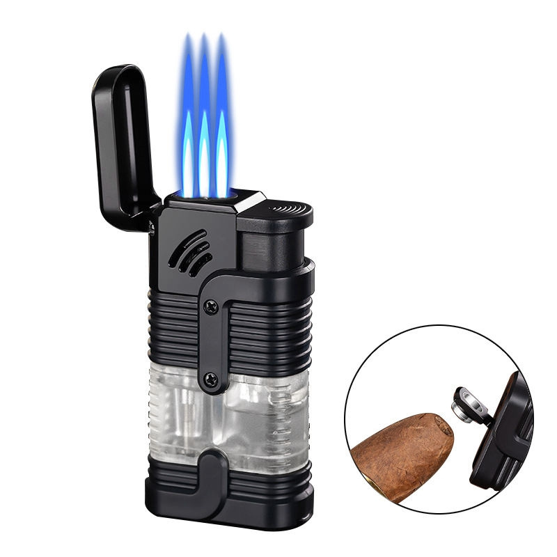 Newest Triple Jet Flame Cigar Lighter Visible Transparent Gas Chamber Windproof Lighter With Cigar Punch