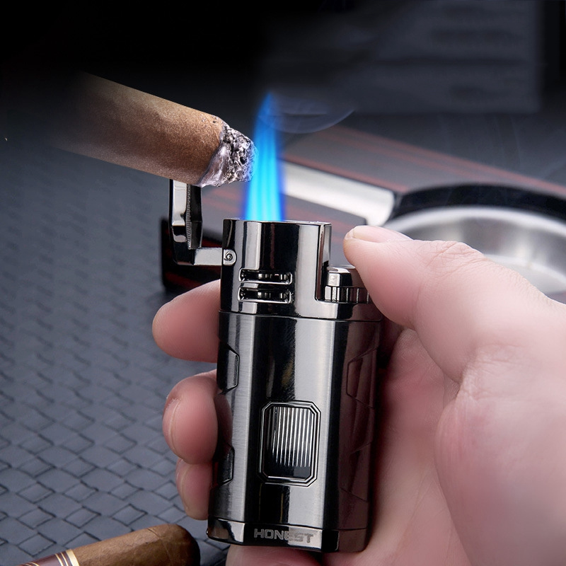 HONEST New design Cigar Lighter Triple Jet Flame Cigar Lighter with Cigar Cutter Windproof Butane Refillable Torch Lighters