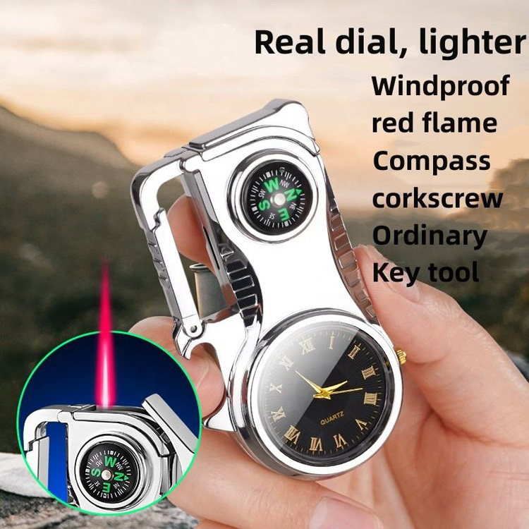 New Compass Windproof Lighter Metal Bottle Opener with Colored Lights Clock Inflatable Cigarette Lighter Wholesale