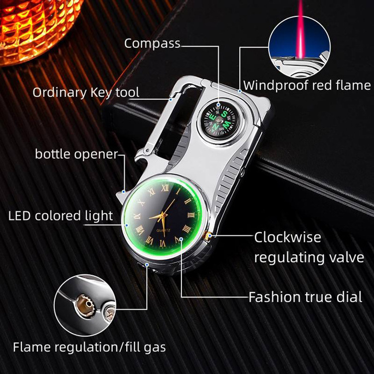 New Compass Windproof Lighter Metal Bottle Opener with Colored Lights Clock Inflatable Cigarette Lighter Wholesale