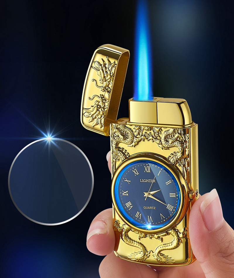 Retro Bronze Multifunction Premium Blue flame torch lighter Relief cool CLOCK lighters custom watch lighter wholesale