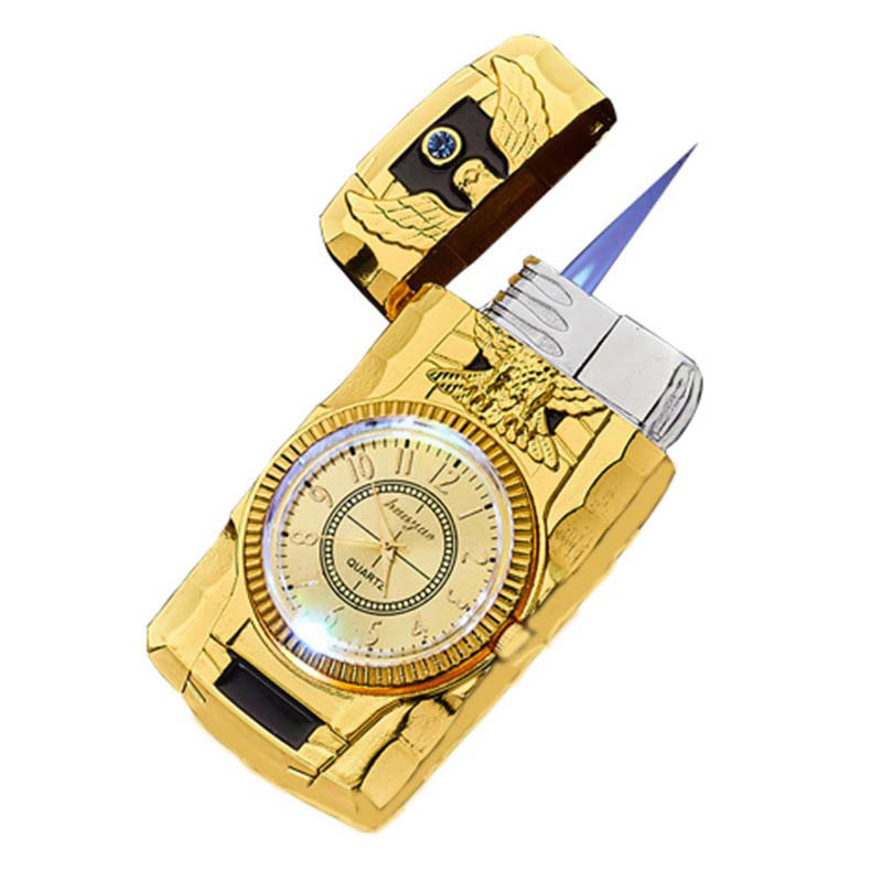 New colorful light watch creative inflatable lighter windproof Direct Flame cigarette lighter personalized clock