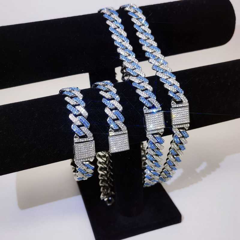 Iced Out Blue White Diamond Necklaces Bracelet 14mm Miami Cuban Link Chain For Men Icy Gold Plated Hip Hop Jewelry for Rapper