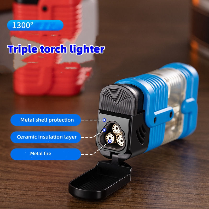 Newest Triple Jet Flame Cigar Lighter Visible Transparent Gas Chamber Windproof Lighter With Cigar Punch