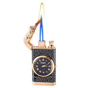 Personality Double Flame Crocodile Model Lighter with Clock Disc windproof gas lighter